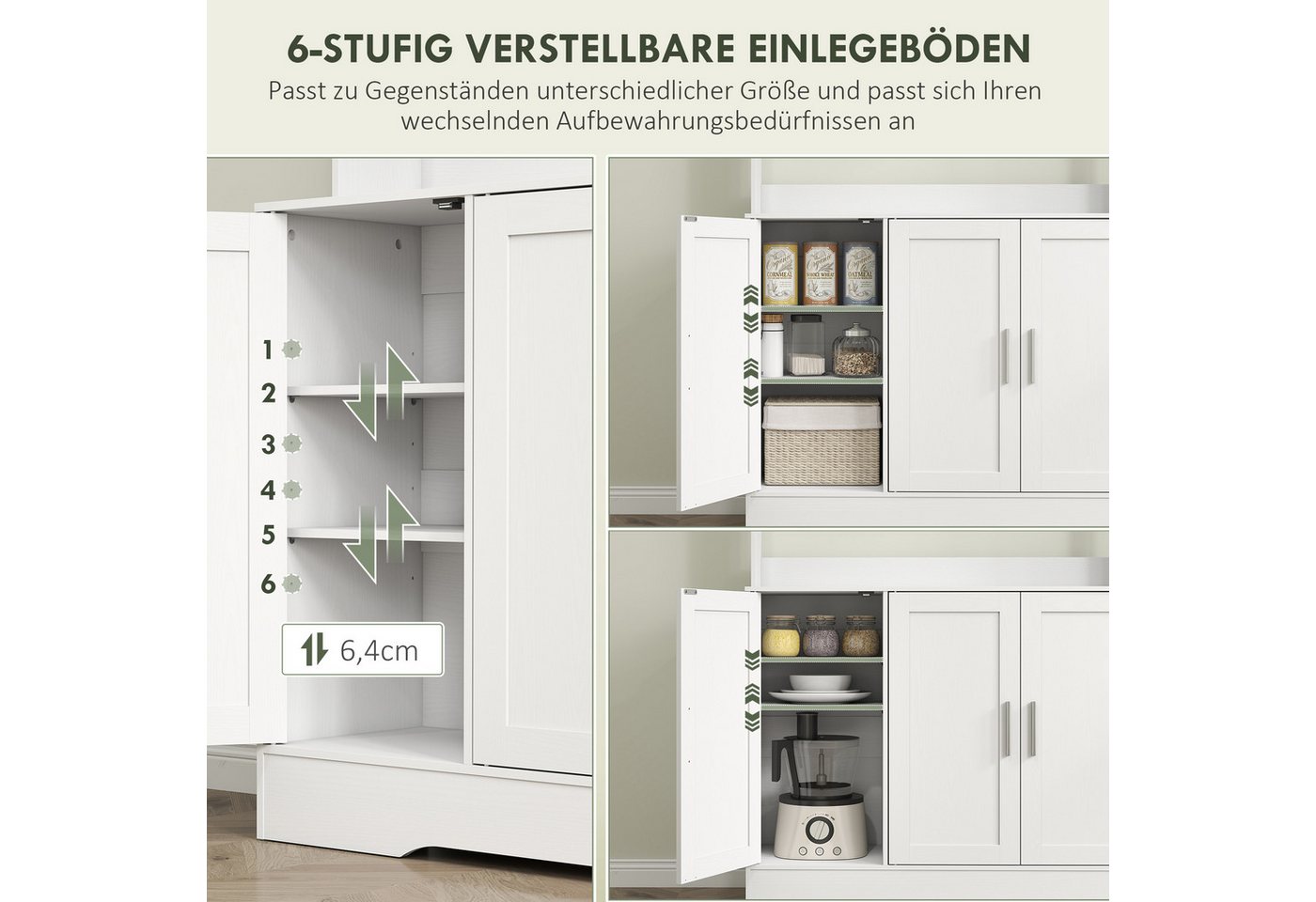 HOMCOM Küchenbuffet Hochschrank mit Arbeitsplatte, Vorratsschrank mit Glastüren (Aufbewahrungsschrank, 1-St., Küchenschrank) Skandinavisches Design, Weiß – Bild 5 von 5