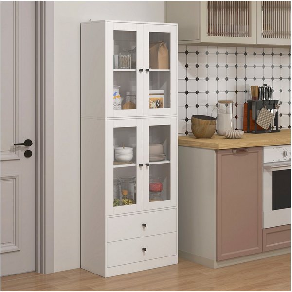 HOMCOM Küchenbuffet Hochschrank mit Arbeitsplatte Vitrinenschrank verstellbar Ablagen (moderner Küchenaufbewahrungsschrank, 1-St., mit 4 Glastüren, Schubladen, 