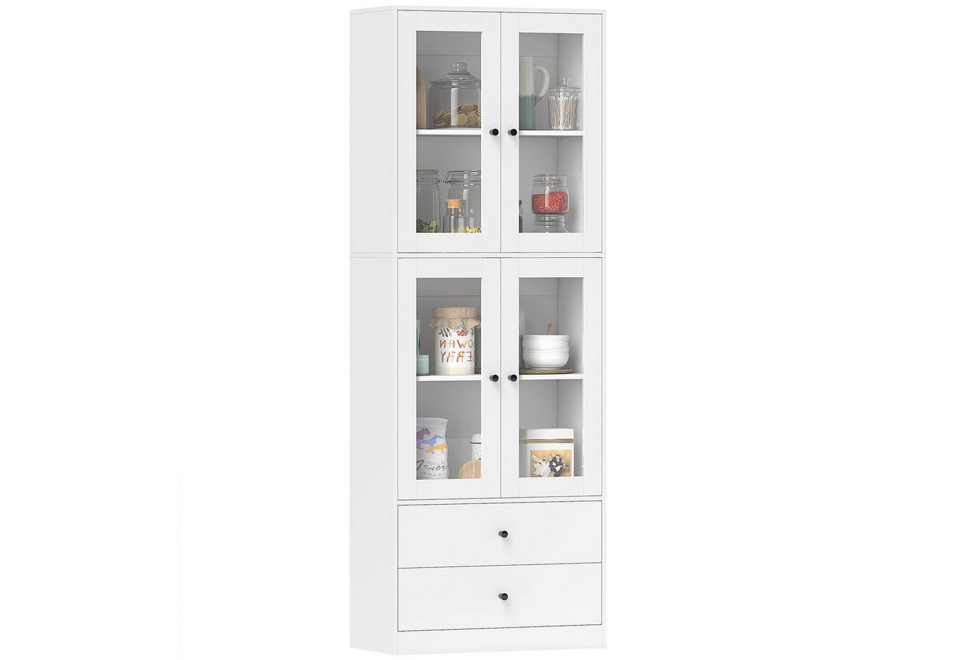 HOMCOM Küchenbuffet Hochschrank mit Arbeitsplatte Vitrinenschrank verstellbar Ablagen (moderner Küchenaufbewahrungsschrank, 1-St., mit 4 Glastüren, Schubladen,  – Bild 2 von 5