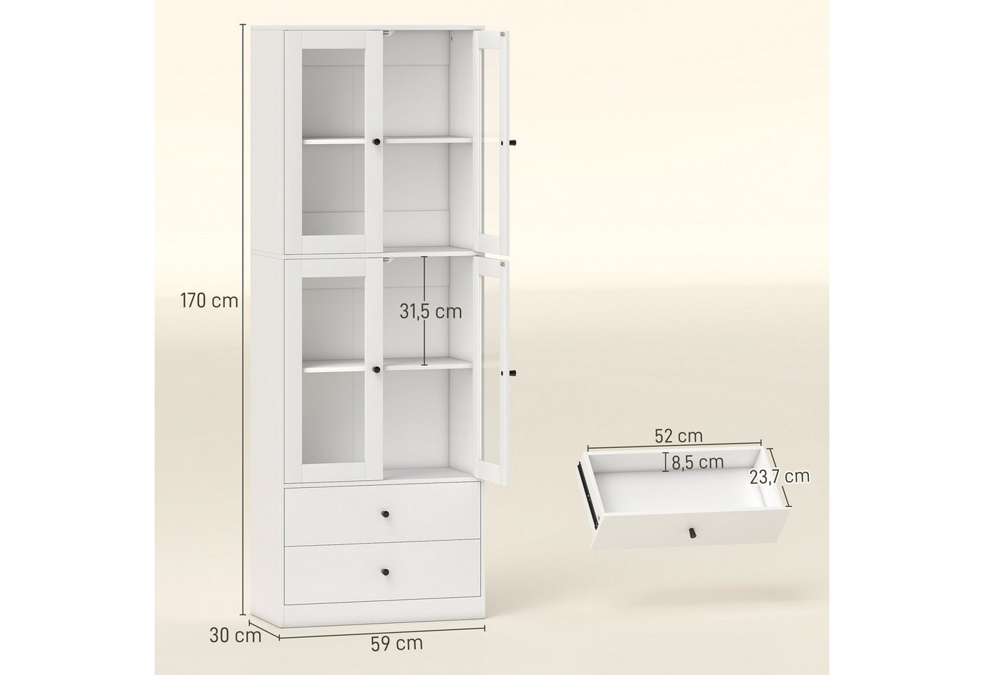 HOMCOM Küchenbuffet Hochschrank mit Arbeitsplatte Vitrinenschrank verstellbar Ablagen (moderner Küchenaufbewahrungsschrank, 1-St., mit 4 Glastüren, Schubladen,  – Bild 3 von 5