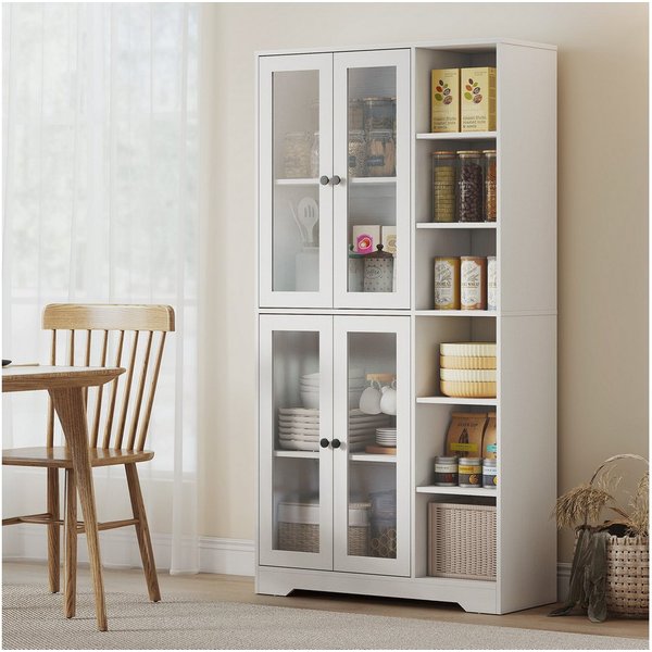 HOMCOM Küchenbuffet Küchenschrank, Vorratsschrank, 6 offene Fächer, verstellbare Böden (Schrank mit Glastüren, 1-St., Hochschrank) Großer Stauraum, Weiß