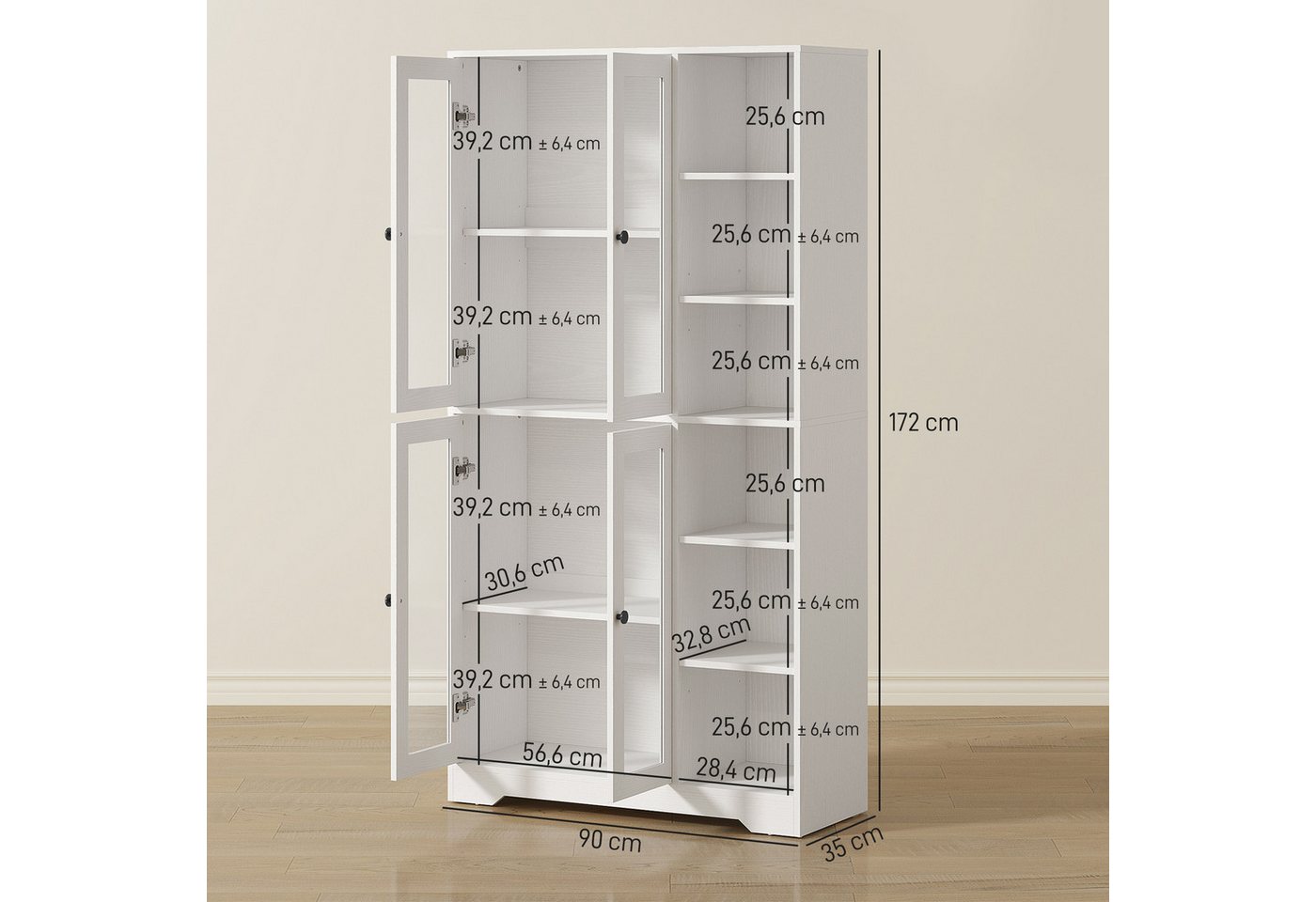 HOMCOM Küchenbuffet Küchenschrank, Vorratsschrank, 6 offene Fächer, verstellbare Böden (Schrank mit Glastüren, 1-St., Hochschrank) Großer Stauraum, Weiß – Bild 3 von 5