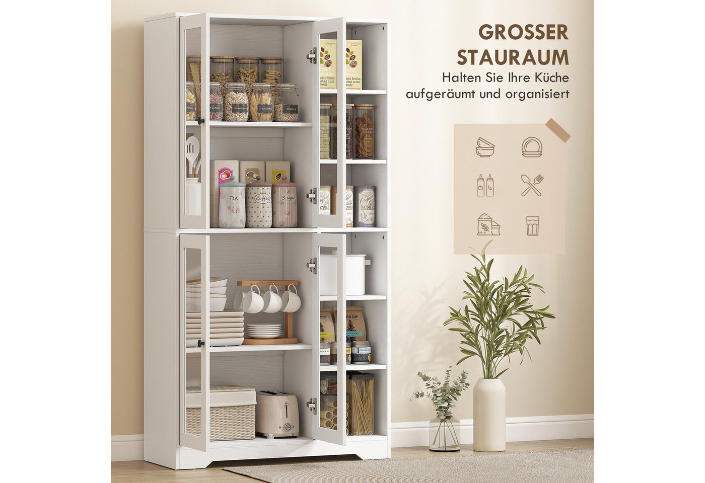 HOMCOM Küchenbuffet Küchenschrank, Vorratsschrank, 6 offene Fächer, verstellbare Böden (Schrank mit Glastüren, 1-St., Hochschrank) Großer Stauraum, Weiß – Bild 4 von 5