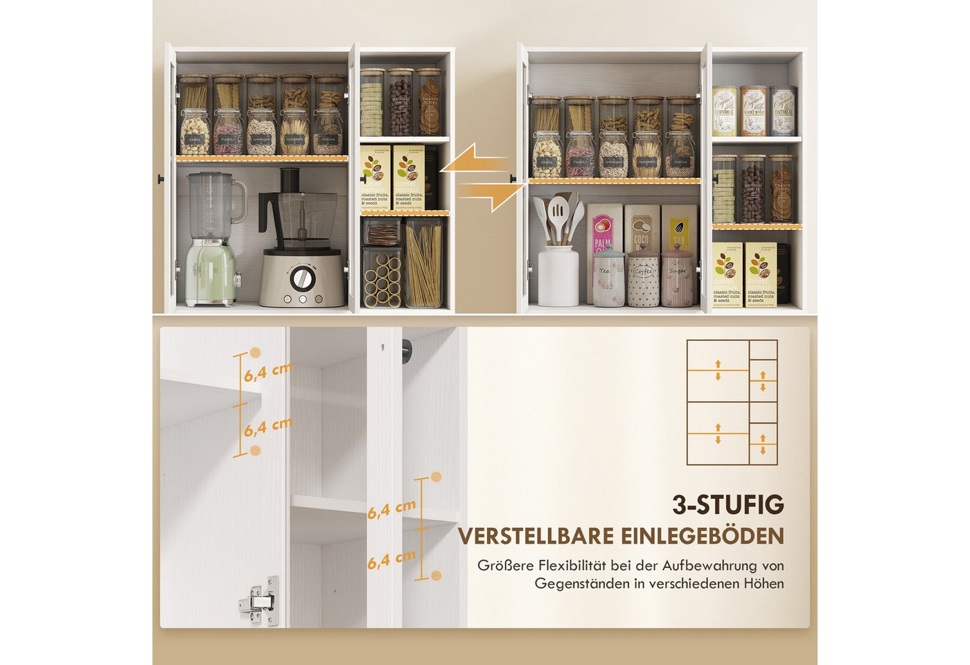 HOMCOM Küchenbuffet Küchenschrank, Vorratsschrank, 6 offene Fächer, verstellbare Böden (Schrank mit Glastüren, 1-St., Hochschrank) Großer Stauraum, Weiß – Bild 5 von 5