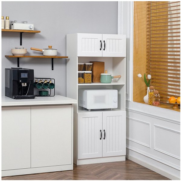 HOMCOM Küchenbuffet Küchenschrank Hochschrank,verstellbaren Regalböden,Mikrowellenregal (Hochschrank, 1-St., Esszimmerschrank) Anti-Kipp-Gurt Landhausstil Weiß