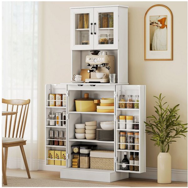 HOMCOM Küchenbuffet Küchenschrank, Buffetschrank mit 4 Türen, Arbeitsplatte (Vitrinenschrank, 1-St., Hochschrank) für Küche, Esszimmer, Weiß