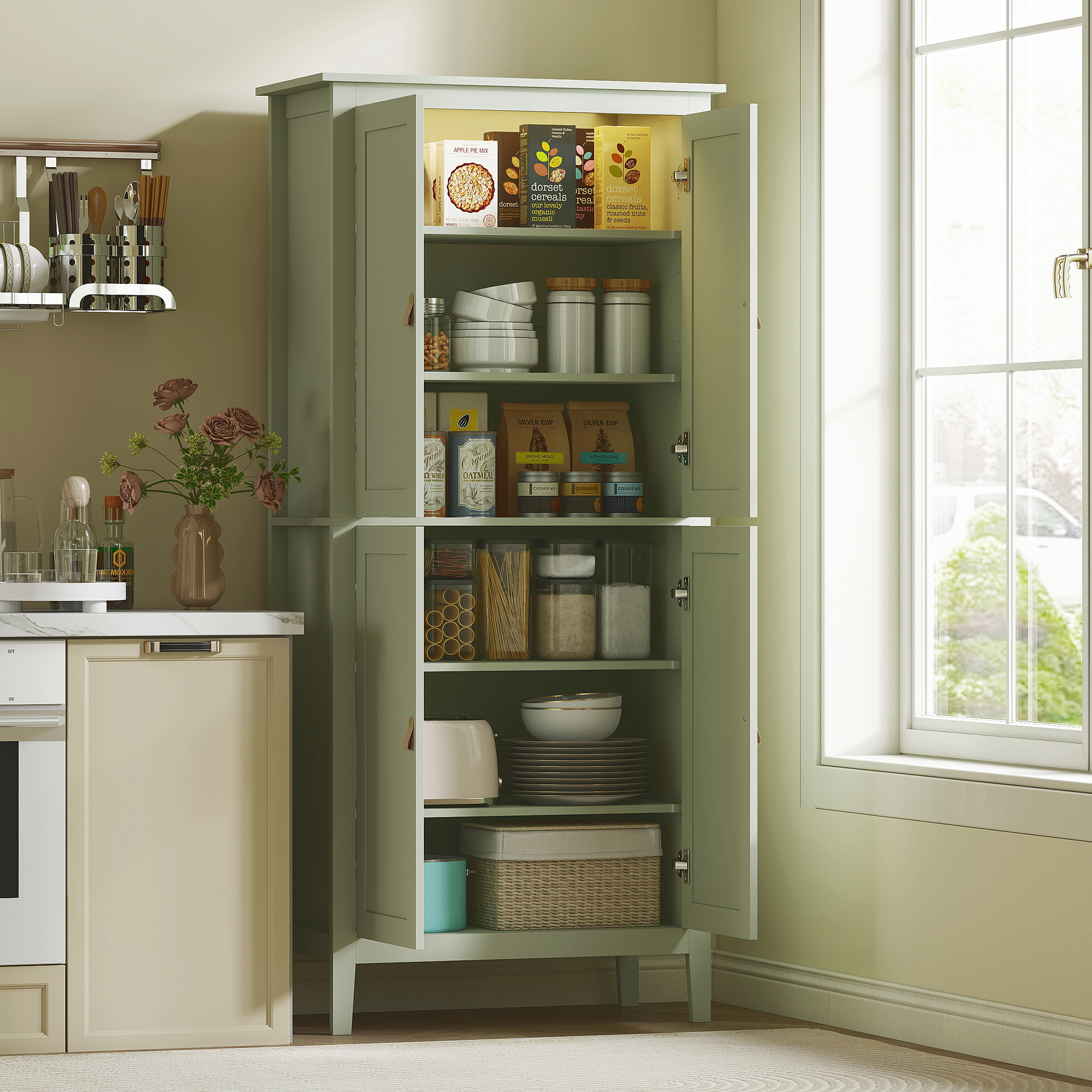 HOMCOM Küchenbuffet mit einstellbarer LED & Bewegungsmelder, hoher Küchenschrank mit Doppeltür und verstellbaren Regalen, 80 x 40 x 176,5 cm, grün Aosom – Bild 2 von 2