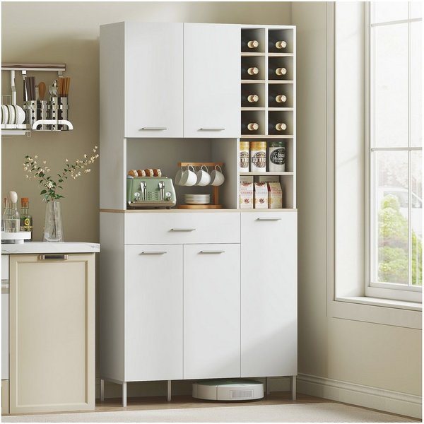 HOMCOM Küchenbuffet Schrank mit Weinregal, Schublade, verstellbaren Einlegeböden (Buffetschrank, 1-St., Hochschrank) Moderner Vorratsschrank, Weiß, 90 x 35 x 18