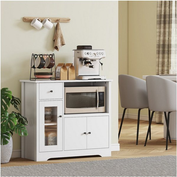 HOMCOM Küchenbuffet Sideboard mit Arbeitsplatte, Aufbewahrungsschrank für Küche (Küchenschrank mit Mikrowellenreagl, 1-St., Sideboard mit Schubladen, 3 Türen un
