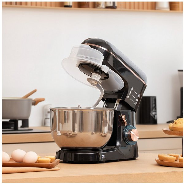 HOMCOM Küchenmaschine 800-251V91BK, 1400 W, 5.5 l Schüssel, mit Rührhaken, Schlagbesen, Spritzschutz, Teigschaber und Eiertrenner