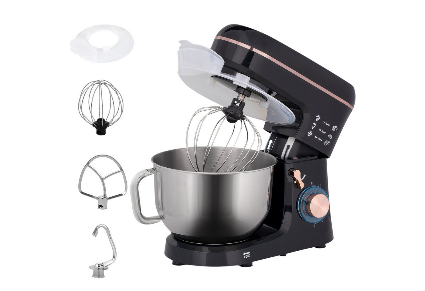 HOMCOM Küchenmaschine 800-251V91BK, 1400 W, 5.5 l Schüssel, mit Rührhaken, Schlagbesen, Spritzschutz, Teigschaber und Eiertrenner – Bild 2 von 5