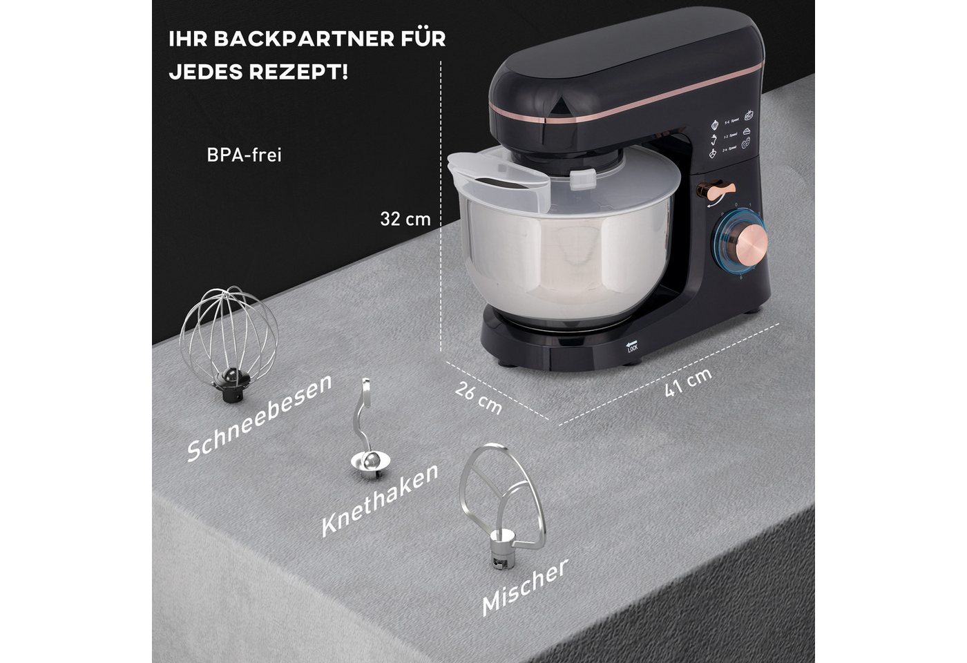 HOMCOM Küchenmaschine 800-251V91BK, 1400 W, 5.5 l Schüssel, mit Rührhaken, Schlagbesen, Spritzschutz, Teigschaber und Eiertrenner – Bild 3 von 5