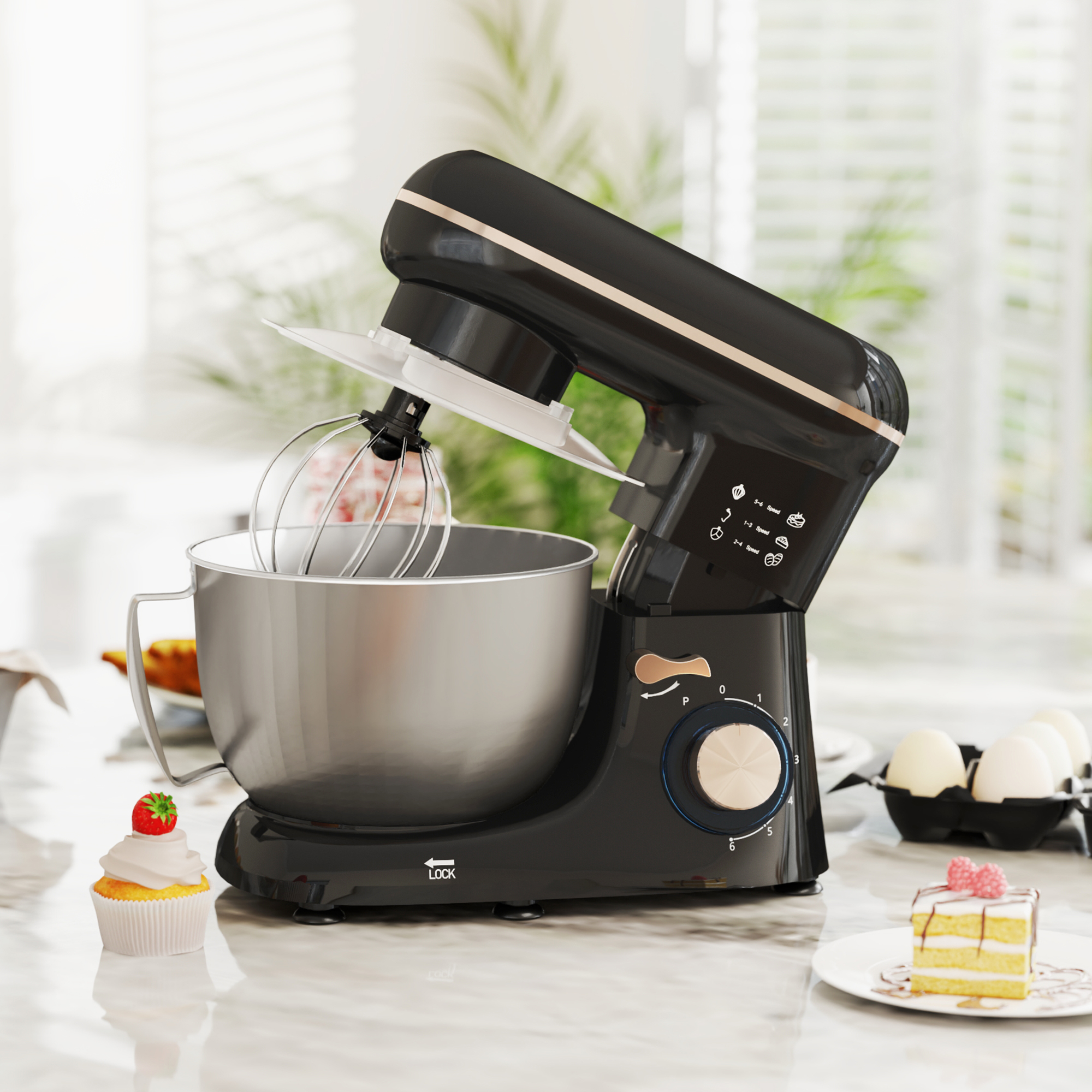 HOMCOM Küchenmaschine Knetmaschine mit 4,5L Edelstahlschüssel 1300W Teigmaschine mit 6+P Geschwindigkeit Küchenmixer mit Knethaken, Schneebesen, Rührer, Teigsch – Bild 2 von 2