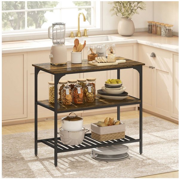 HOMCOM Küchenregal Bäckerregal mit großer Arbeitsplatte und Stahlrahmen, Schwarz, 3-stufiges Standregal 1-tlg., für Esszimmer, Küche, Wohnzimmer, 100 x 50 x 90 