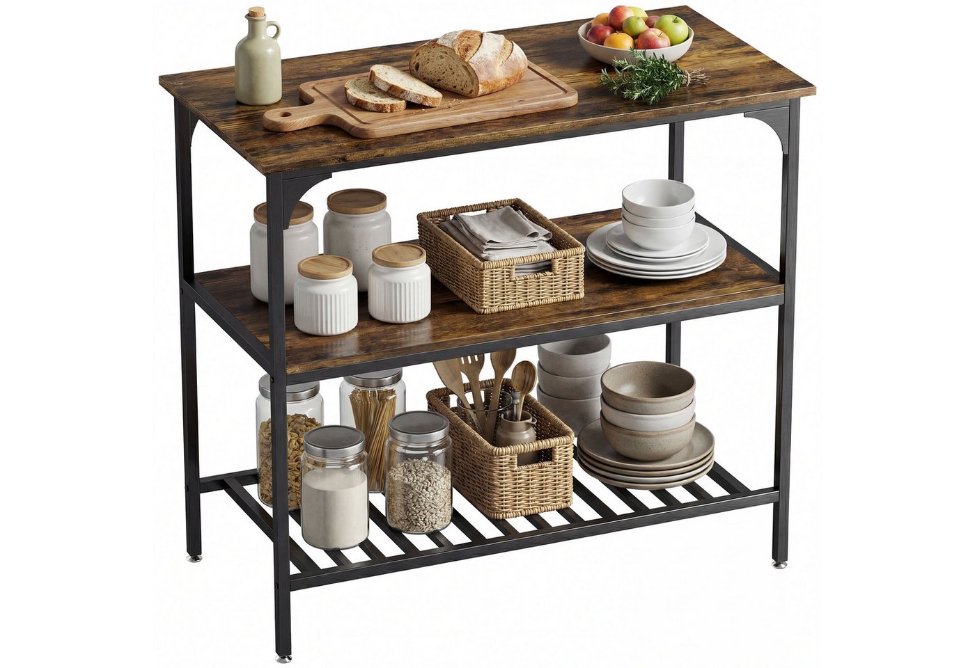 HOMCOM Küchenregal Bäckerregal mit großer Arbeitsplatte und Stahlrahmen, Schwarz, 3-stufiges Standregal 1-tlg., für Esszimmer, Küche, Wohnzimmer, 100 x 50 x 90  – Bild 2 von 5