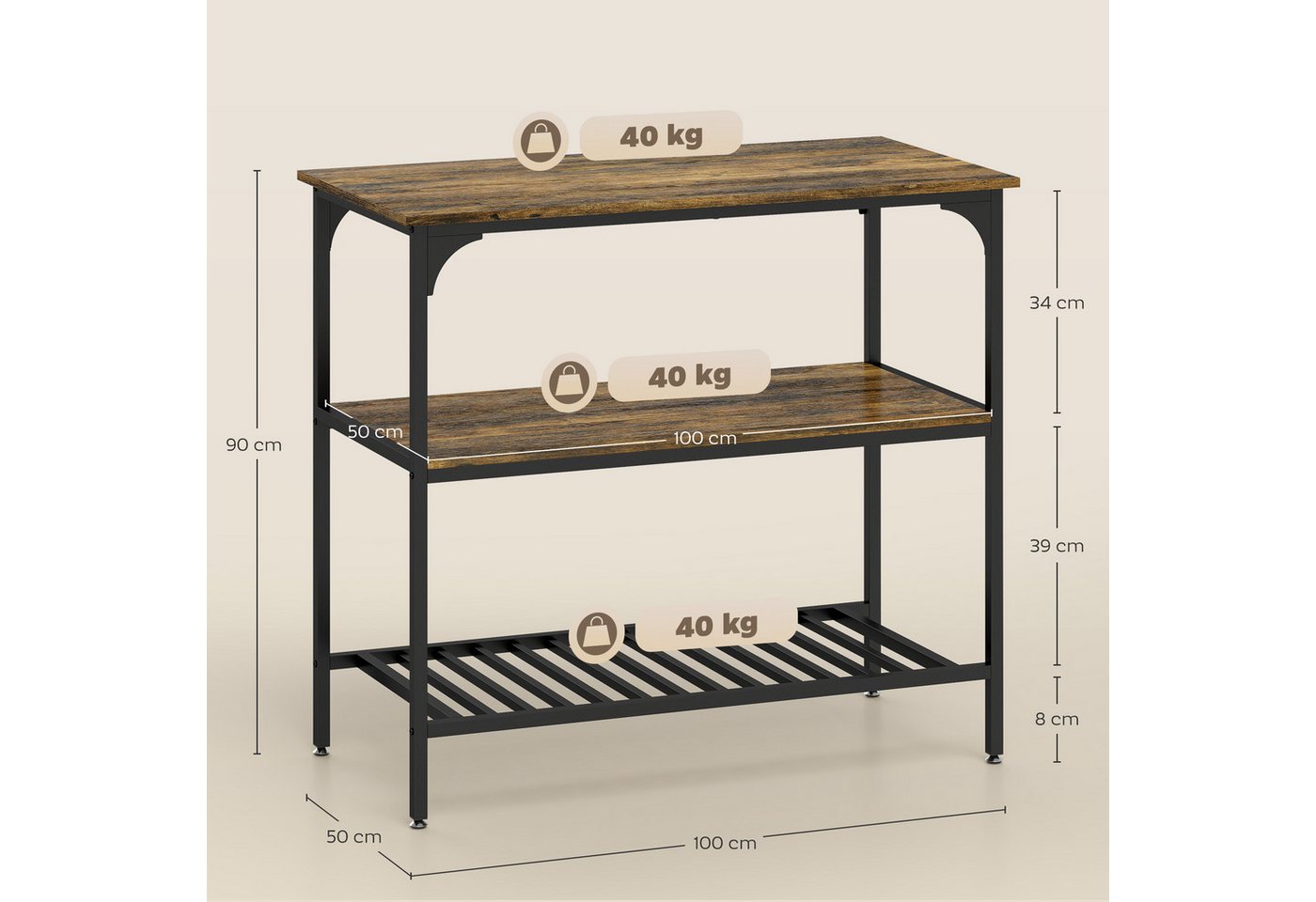 HOMCOM Küchenregal Bäckerregal mit großer Arbeitsplatte und Stahlrahmen, Schwarz, 3-stufiges Standregal 1-tlg., für Esszimmer, Küche, Wohnzimmer, 100 x 50 x 90  – Bild 3 von 5