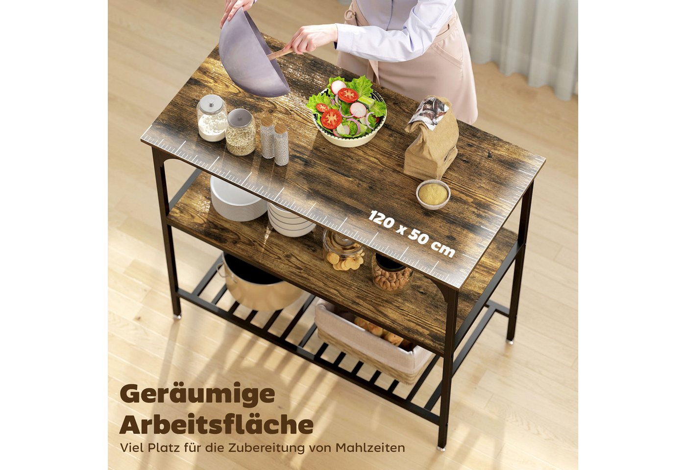HOMCOM Küchenregal Bäckerregal mit großer Arbeitsplatte und Stahlrahmen, Schwarz, 3-stufiges Standregal 1-tlg., für Esszimmer, Küche, Wohnzimmer, 100 x 50 x 90  – Bild 4 von 5