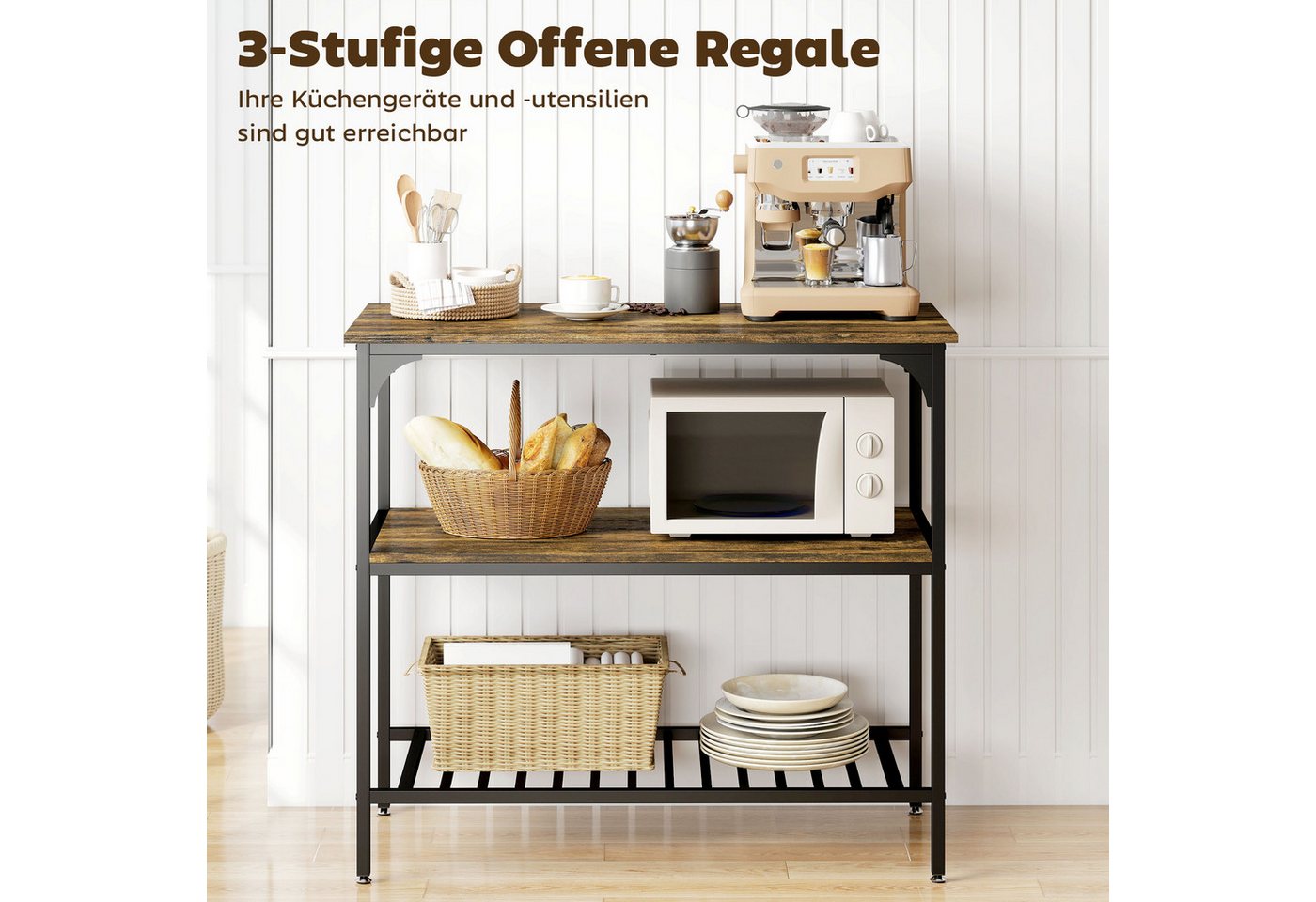 HOMCOM Küchenregal Bäckerregal mit großer Arbeitsplatte und Stahlrahmen, Schwarz, 3-stufiges Standregal 1-tlg., für Esszimmer, Küche, Wohnzimmer, 100 x 50 x 90  – Bild 5 von 5