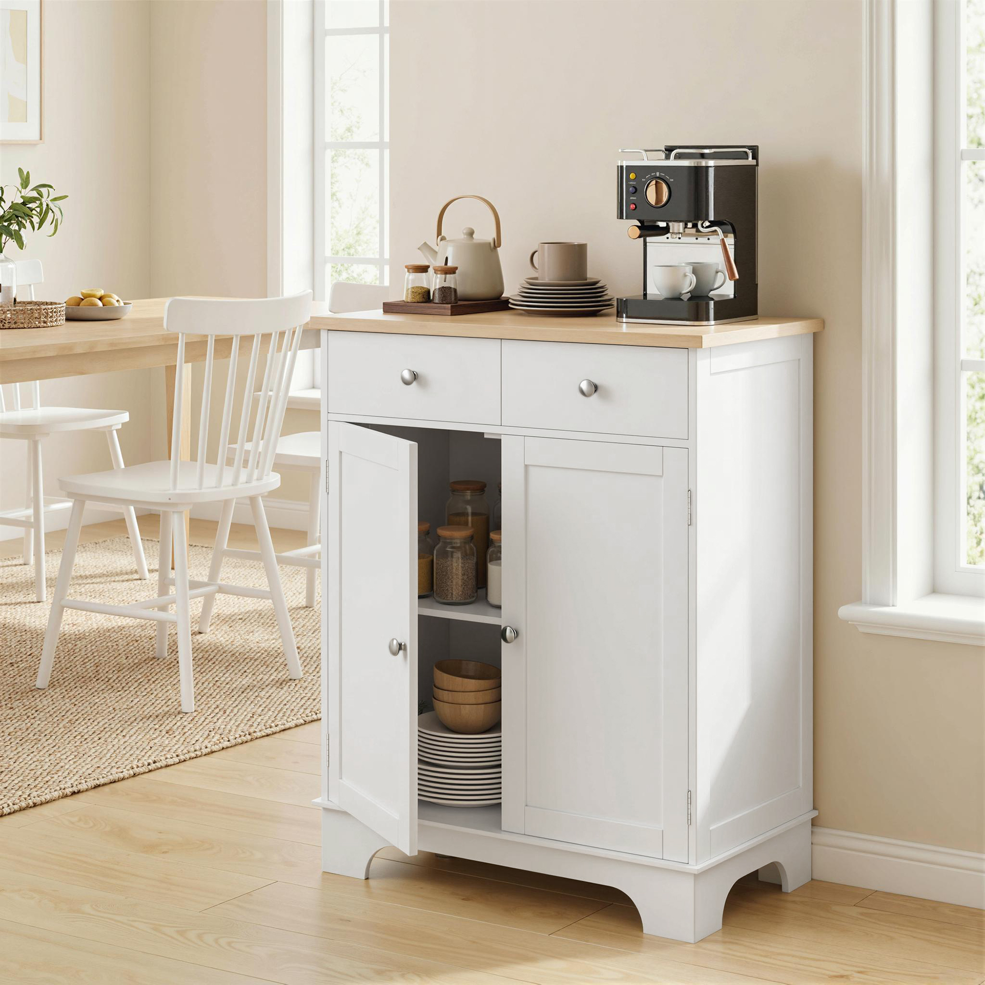 HOMCOM Küchenschrank Sideboard mit 2 Schubladen, Kommode, Aufbewahrungsschrank aus MDF, Weiß, 68 x 40,3 x 85 cm für Küche & Esszimmer Aosom.de – Bild 2 von 2