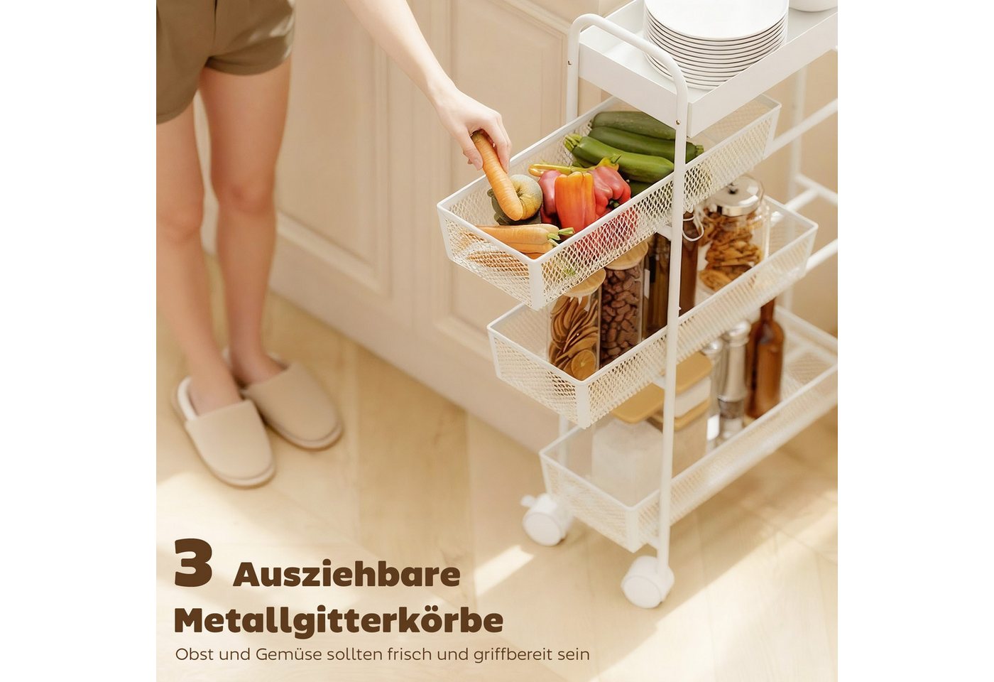 HOMCOM Küchenwagen Rollwagen mit 4 Ebenen, Servierwagen mit Rollen, 3 Ausziehkörben, (Servierwagen, 1 St., Rollwagen mit 4 Ebenen), für Wohnzimmer, Küche, Bad,  – Bild 4 von 5