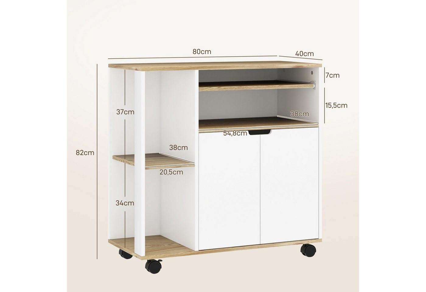 HOMCOM Küchenwagen Servierwagen Küchenregal mit Rollen, Griff, (Set, 1 St., 1), für Küche Bad Büro Wohnzimmer Weiß – Bild 3 von 5