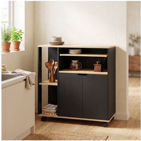 HOMCOM Küchenwagen Servierwagen Küchenregal mit Rollen, Griff, (Set, 1 St., 1), für Küche Bad Büro Wohnzimmer Schwarz