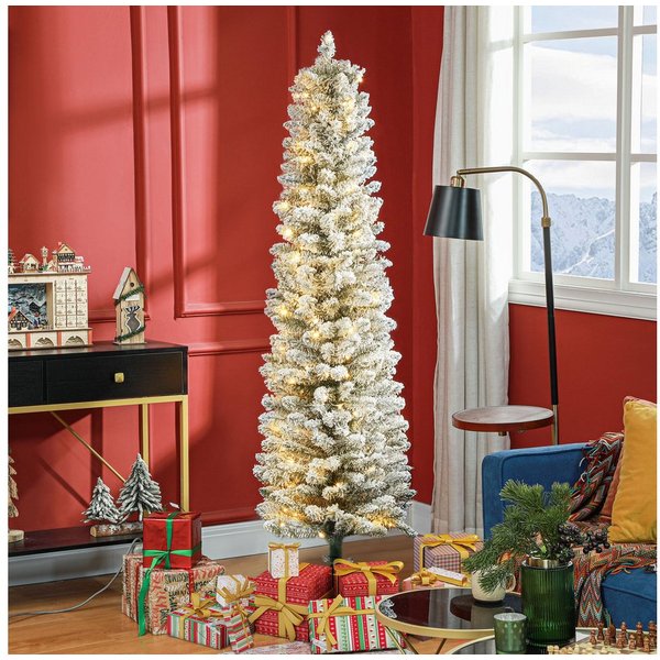 HOMCOM Künstlicher Weihnachtsbaum Christbaum Weihnachtsdeko mit LED Beleuchtung, Schnee, Tanne, für Weihnachtsfest, Indoor, grün+weiß