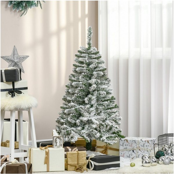HOMCOM Künstlicher Weihnachtsbaum Kiefernbaum mit Schnee, 750 Spitzen Christbaum, Metallständer, Kiefer, für Weihnachtsfest, Indoor, grün+weiß