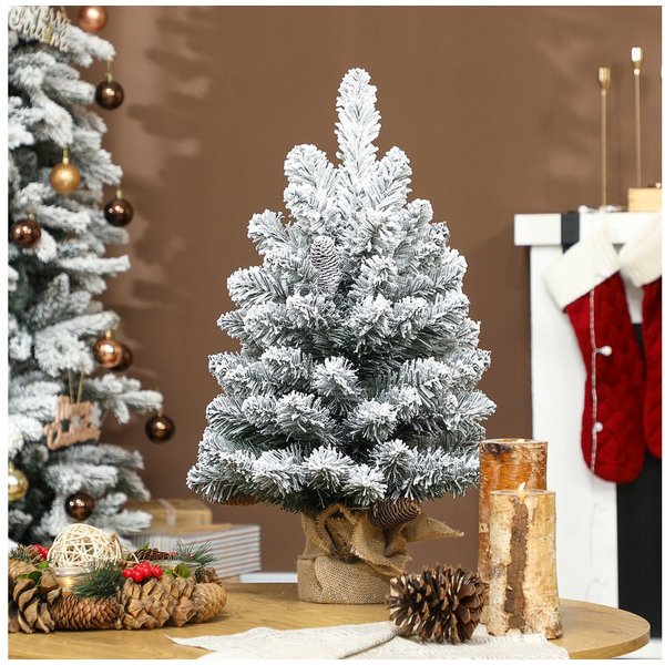 HOMCOM Künstlicher Weihnachtsbaum Mini 60 cm künstlich mit Schnee, Christbaum Weihnachtsdeko, Tannebaum, Realistisches Aussehen, Grün+Weiß