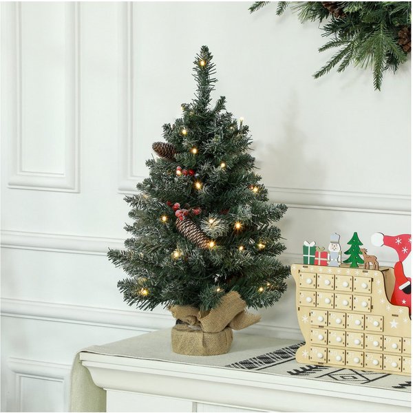 HOMCOM Künstlicher Weihnachtsbaum Mini Tannenbaum mit LED Lichtern, 86 Spitzen Zementbasis, Künstlicher Baum, für Weihnachtsfest, Indoor, grün+weiß