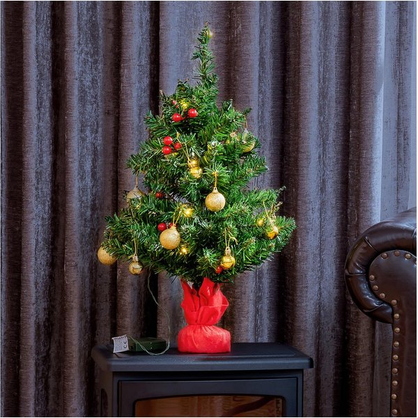 HOMCOM Künstlicher Weihnachtsbaum Mini Weihnachtsbaum mit Weihnachtskugeln, LED-Lichtern, roten Beeren, Tannen, 40 x 60 cm (BxH), grün, rot, gold