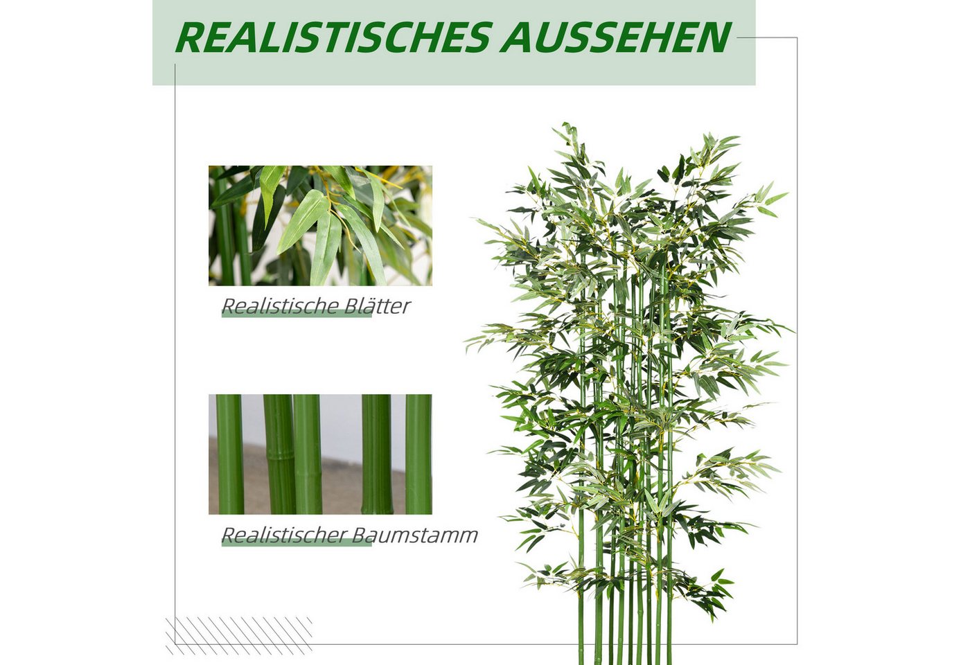 Kunstpflanze 180 cm, im Kiefernholztopf Bambus, HOMCOM, Höhe 180 cm, für Indoor, Outdoor, Dekopflanzen, Grün – Bild 4 von 5