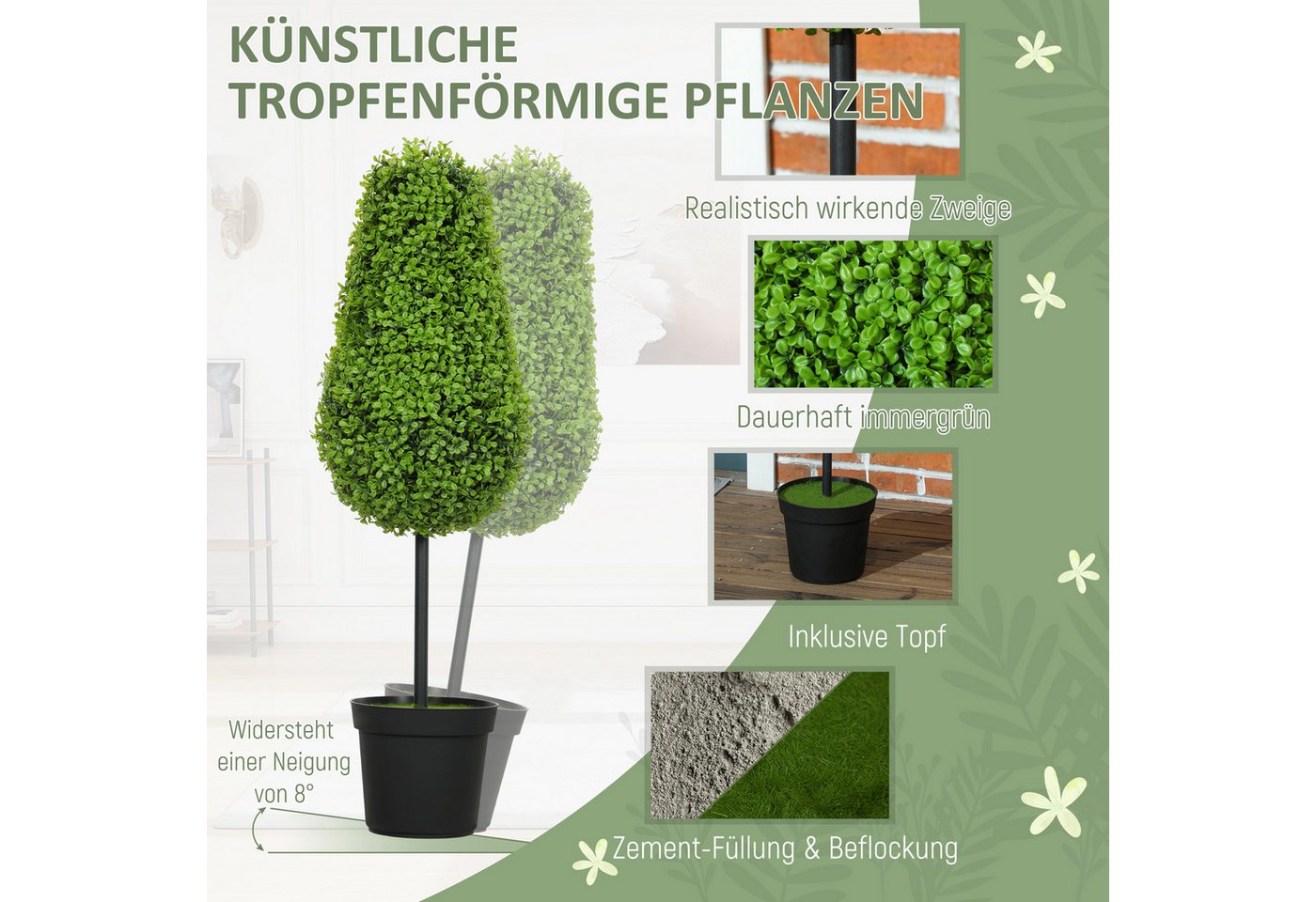 Kunstpflanze 2er Set Kunstbaum, Fake Plant wie echt, mit UV Schutz Buchsbaum, HOMCOM, Höhe 90 cm, für Wohnzimmer Schlafzimmer Büro Garten Moderne Dekoration – Bild 4 von 5