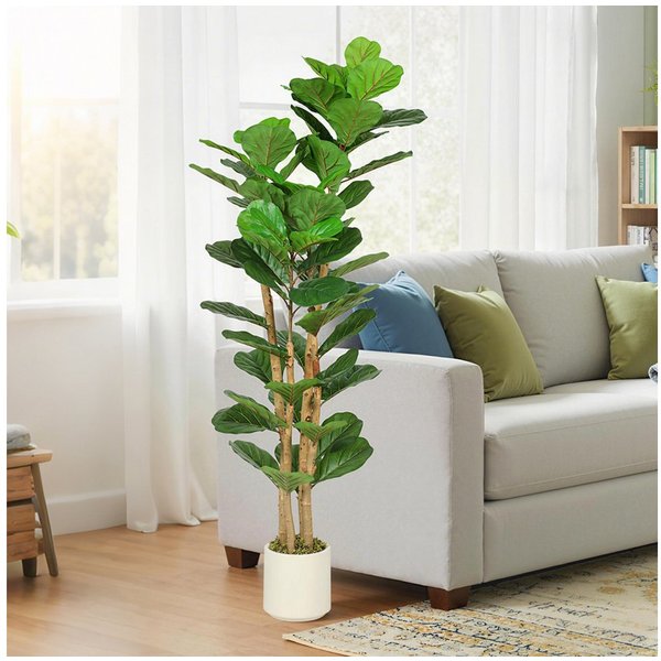 Kunstpflanze Künstlicher mit 71 Blättern, Massivholzstamm, Topf, Deko Geigenfeigenbaum, HOMCOM, Höhe 150 cm, für Wohnzimmer, Schlafzimmer, Büro, Garten, Grün