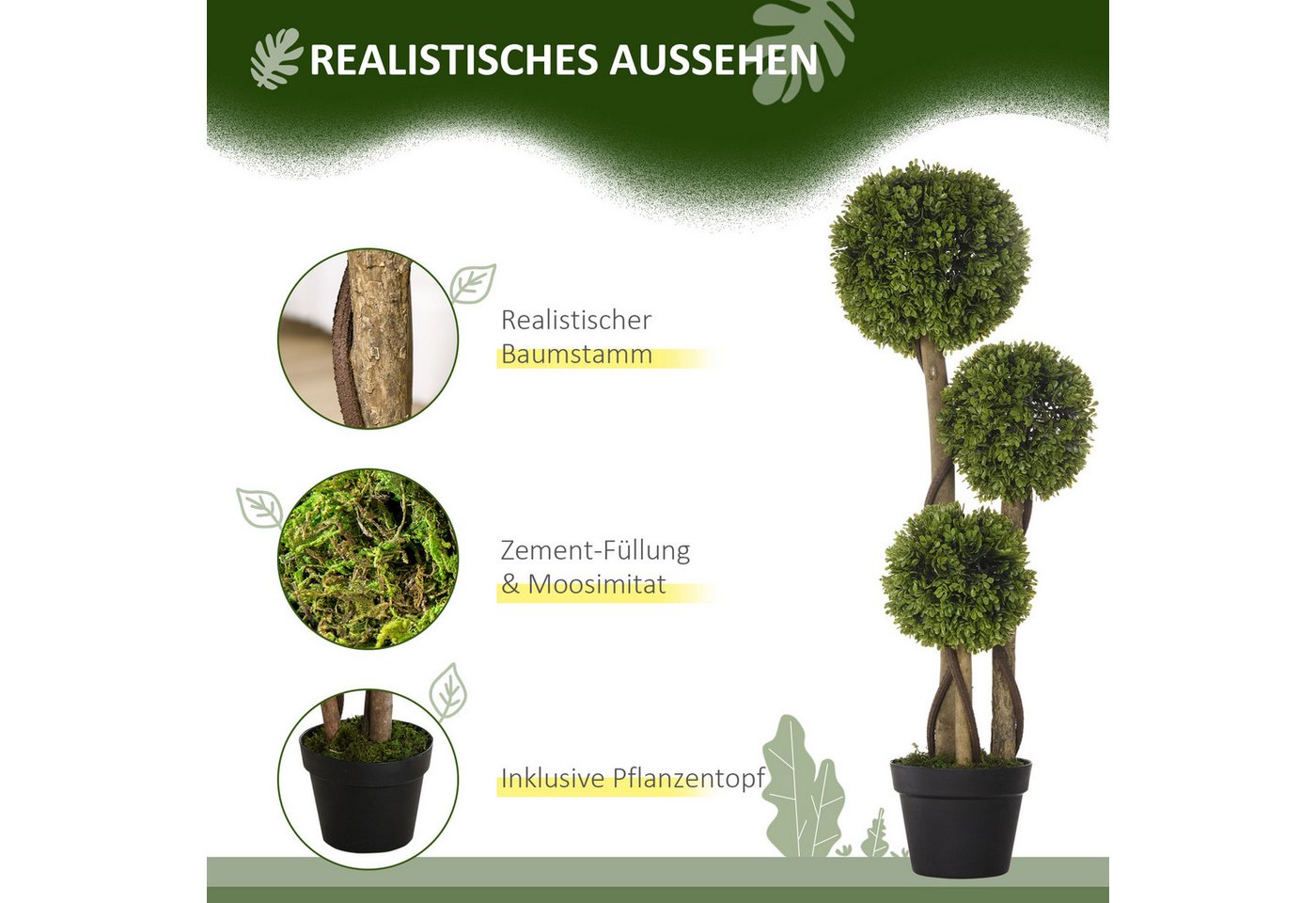 Kunstpflanze Kunstbaum mit UV-Schutz, Plastik Künstliche Pflanzen im Topf Buchsbaum, HOMCOM, Höhe 90 cm, Grün 17 x 17 x 90 cm – Bild 4 von 5