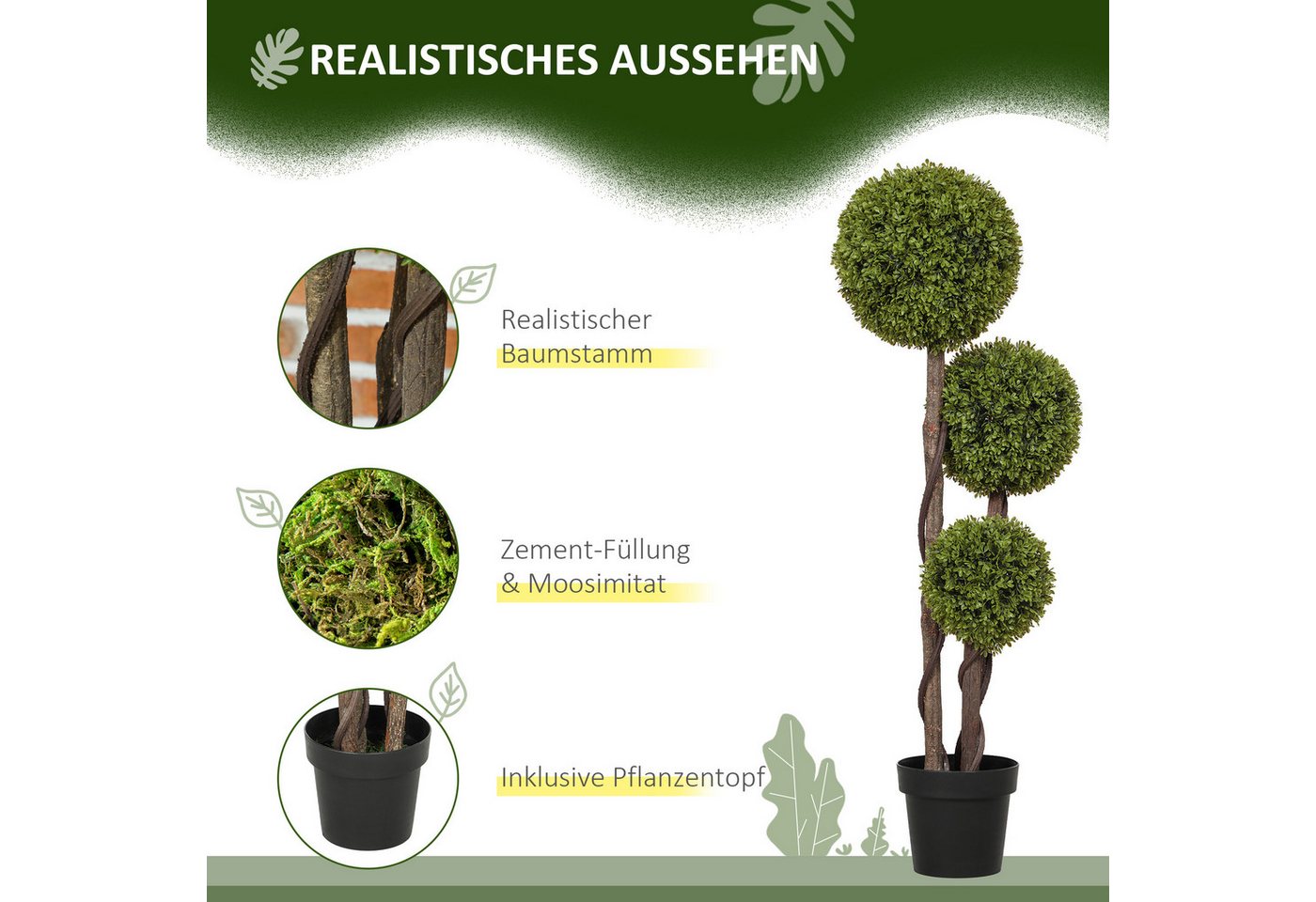Kunstpflanze Kunstbaum mit UV-Schutz, Plastik Künstliche Pflanzen im Topf Buchsbaum, HOMCOM, Höhe 115 cm, Grün 19,5L x 19,5B x 115H cm – Bild 4 von 5