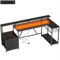 HOMCOM L-förmiger, reversibler Gaming-Schreibtisch mit LED, 192.5cm Eckschreibtisch mit Steckdosen, Monitor- und CPU-Halter, 2 Stoffschubladen für A4/Legal-Doku