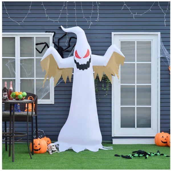 HOMCOM LED-Dekofigur Selbstaufblasendes Gespenst 2,4 m mit IP44 (Halloweendeko, 1 St., Aufblasbare Halloweendekoration), Polyester Weiß+Rot 150 x 80 x 240 cm
