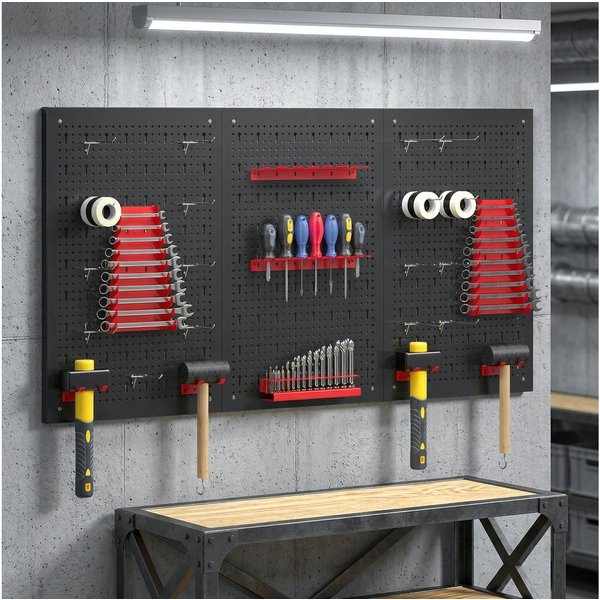 HOMCOM Lochwand Schüttenregal, Ablageböden, Sichtlagerkästen, Werkstattregal, 3 Stk., mit 16 Haken, (Lagersystem, 28-tlg., Wandregal), 60 x 40 x 2 cm Schwarz+Ro