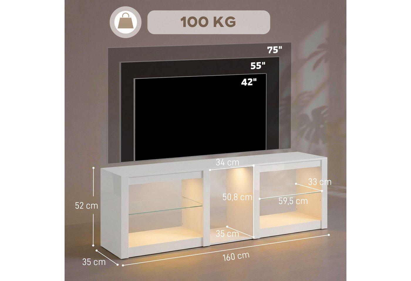 HOMCOM Lowboard Modernes Hochglanz-TV-Möbel (Set, 1 St., TV-Lowboard), Für Fernseher bis 75 Zoll, LED-Beleuchtung, modern – Bild 3 von 5
