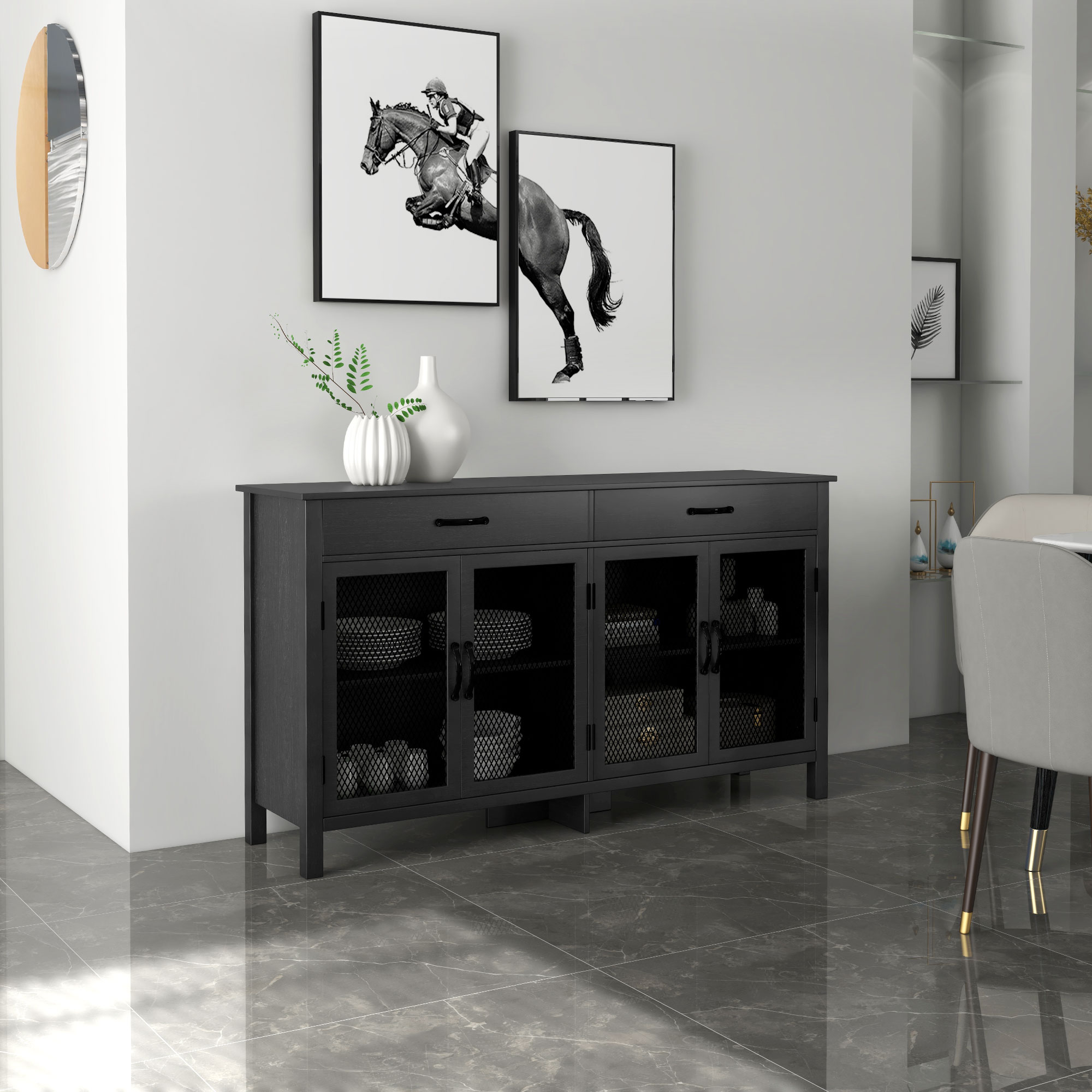 HOMCOM Lowboard-Schrank mit 4 Türen, verstellbaren Regalen und 2 Schubladen für Wohnzimmer, Küche, Esszimmer - industrieller Stil - 150 x 40 x 85 cm Schwarz Aos – Bild 2 von 2