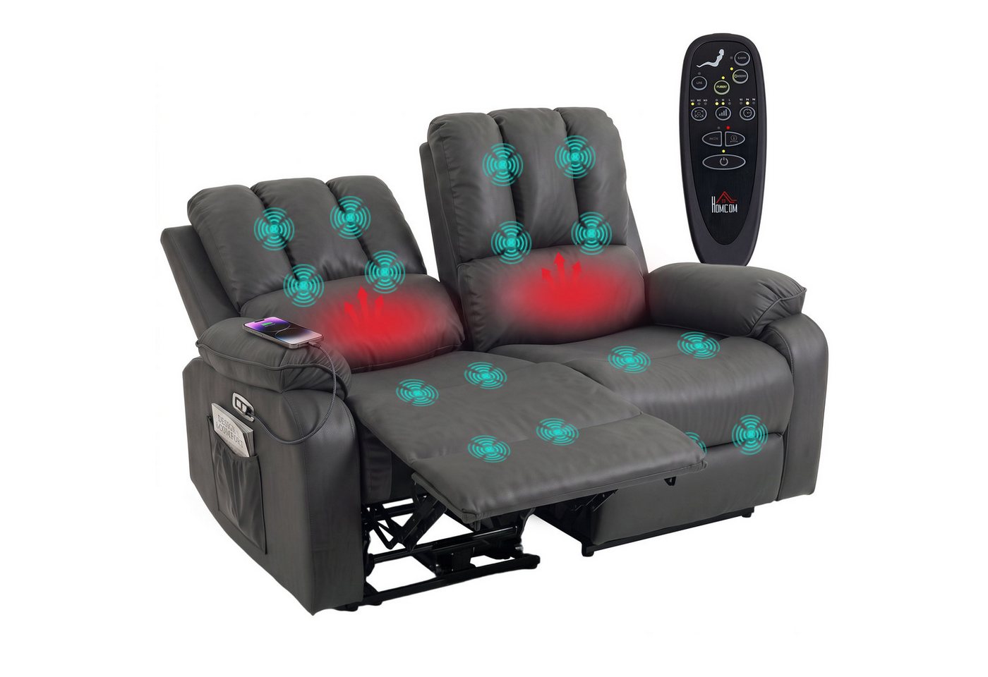 HOMCOM Massagesessel 2-Sitzer Elektrisches Relaxsofa mit Massage- und Heizfunktion (Set, 1-St., 2er Set), 2-Sitzer, elektrisch, Massage+Heizung, USB,USB-C – Bild 2 von 5