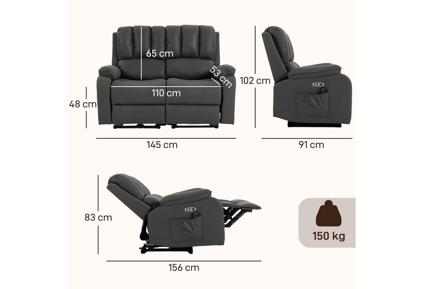 HOMCOM Massagesessel 2-Sitzer Elektrisches Relaxsofa mit Massage- und Heizfunktion (Set, 1-St., 2er Set), 2-Sitzer, elektrisch, Massage+Heizung, USB,USB-C – Bild 3 von 5