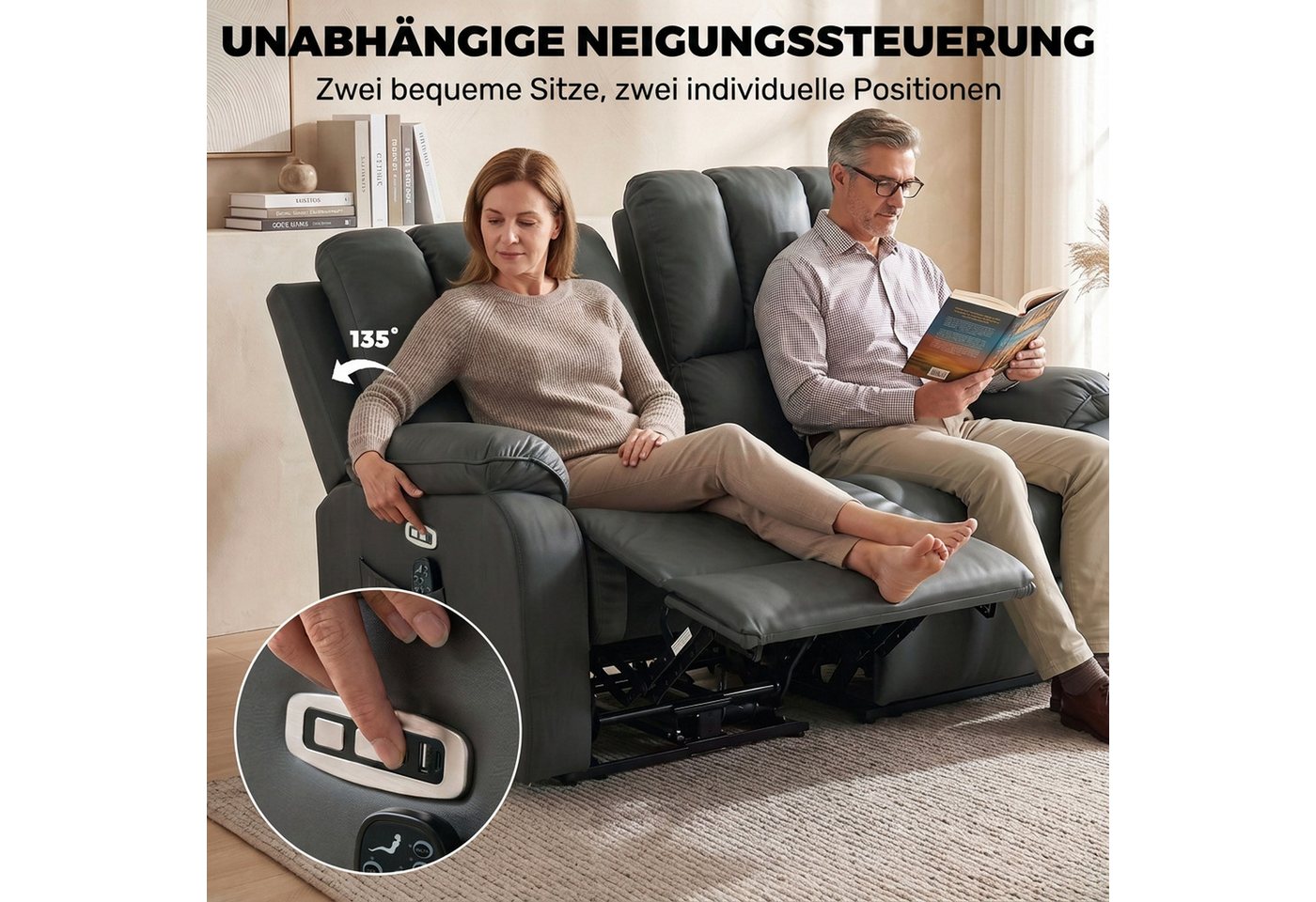 HOMCOM Massagesessel 2-Sitzer Elektrisches Relaxsofa mit Massage- und Heizfunktion (Set, 1-St., 2er Set), 2-Sitzer, elektrisch, Massage+Heizung, USB,USB-C – Bild 4 von 5