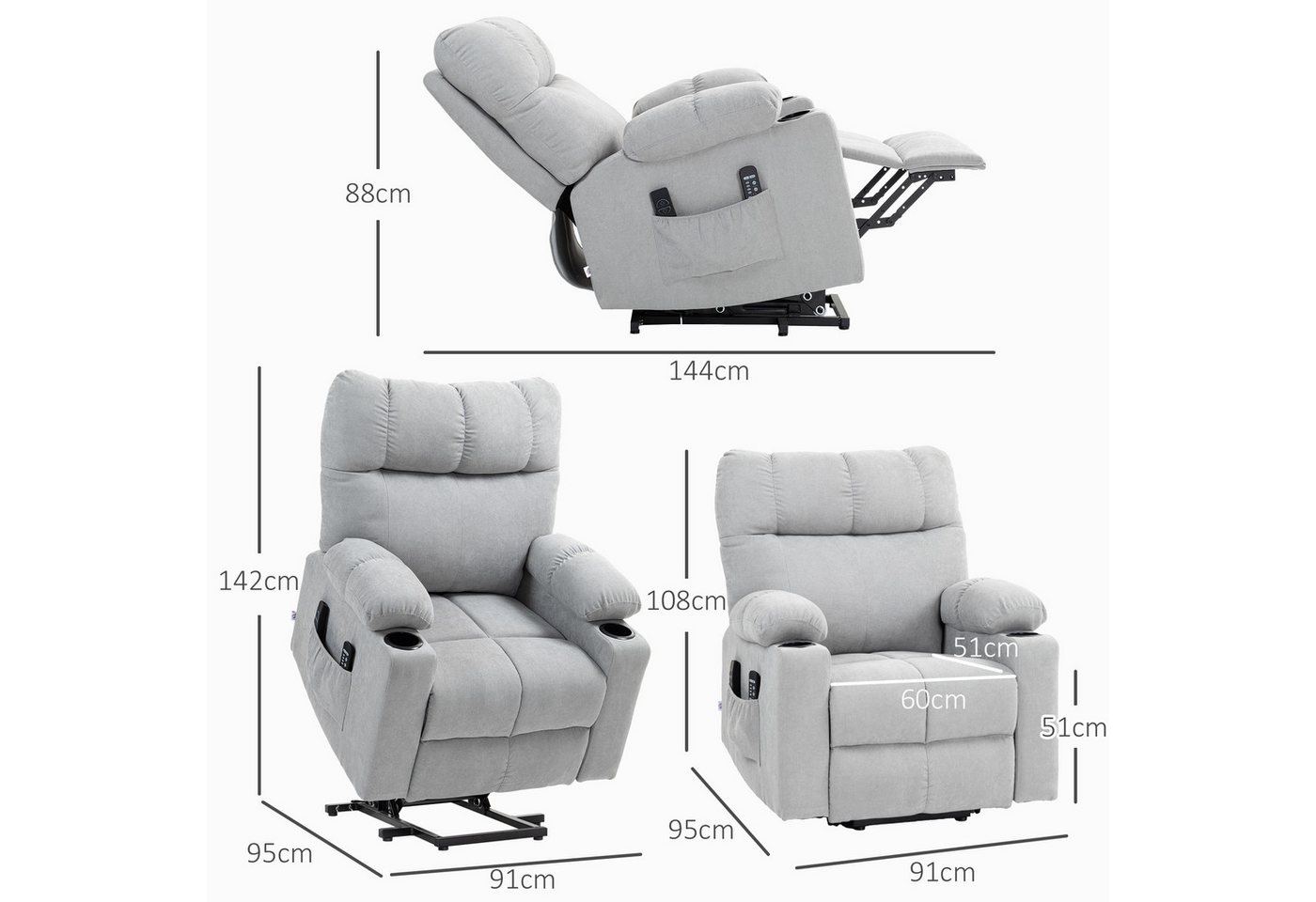 HOMCOM Massagesessel Aufstehhilfe mit Wärmefunktion, Becherhalter, Fußteil (Relaxsessel, 1-St., Fernsehsessel), für Wohnzimmer, Arbeitszimmer, Grau – Bild 3 von 5
