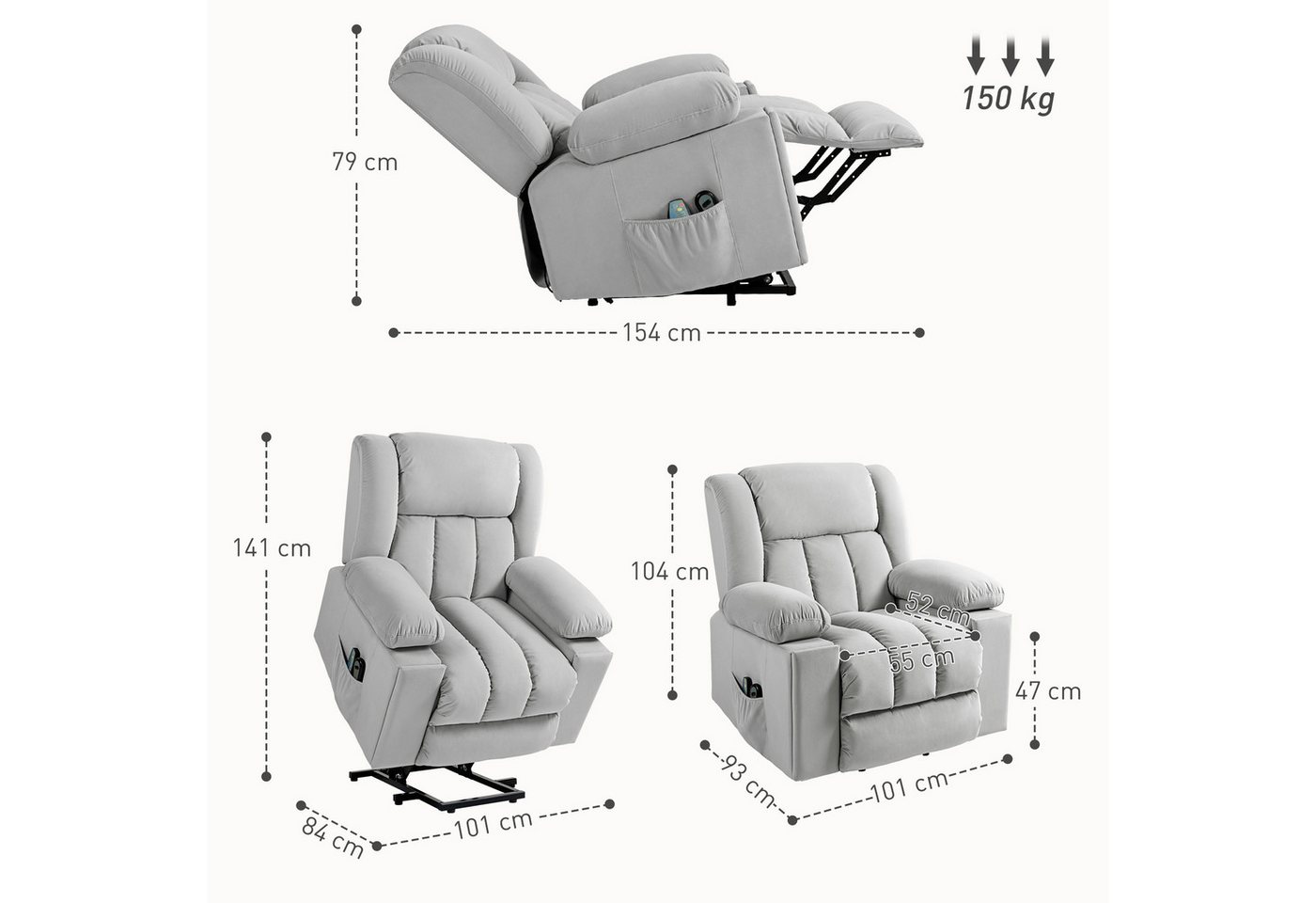 HOMCOM Massagesessel Elektrisch Relaxsessel mit Liege-, Wärme-, Massagefunktion (Fernsehsessel mit Aufstehhilfe, 1-St., TV-Sessel), mit Becherhalter, Stautraum, – Bild 3 von 5