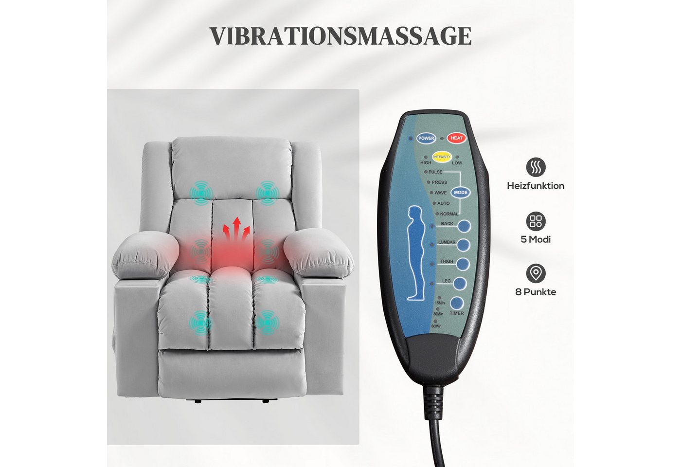 HOMCOM Massagesessel Elektrisch Relaxsessel mit Liege-, Wärme-, Massagefunktion (Fernsehsessel mit Aufstehhilfe, 1-St., TV-Sessel), mit Becherhalter, Stautraum, – Bild 5 von 5