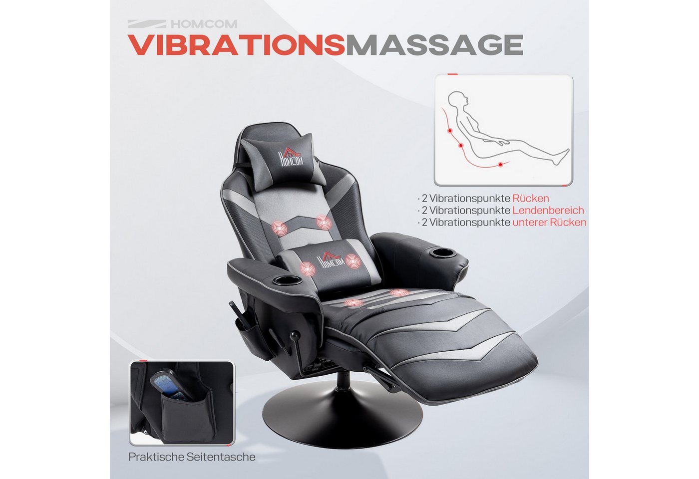 HOMCOM Massagesessel Elektrisch Sessel Kunstleder mit Liegefunktion Massage drehbar (Fernsehsessel, 1-St., Relaxsessel), für Wohnzimmer, Schwarz+Grau – Bild 4 von 5