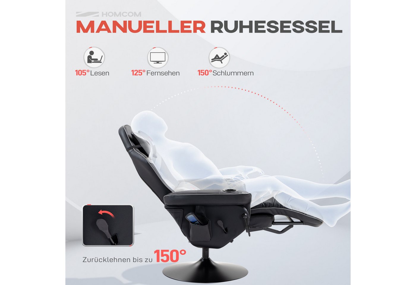 HOMCOM Massagesessel Elektrisch Sessel Kunstleder mit Liegefunktion Massage drehbar (Fernsehsessel, 1-St., Relaxsessel), für Wohnzimmer, Schwarz+Grau – Bild 5 von 5