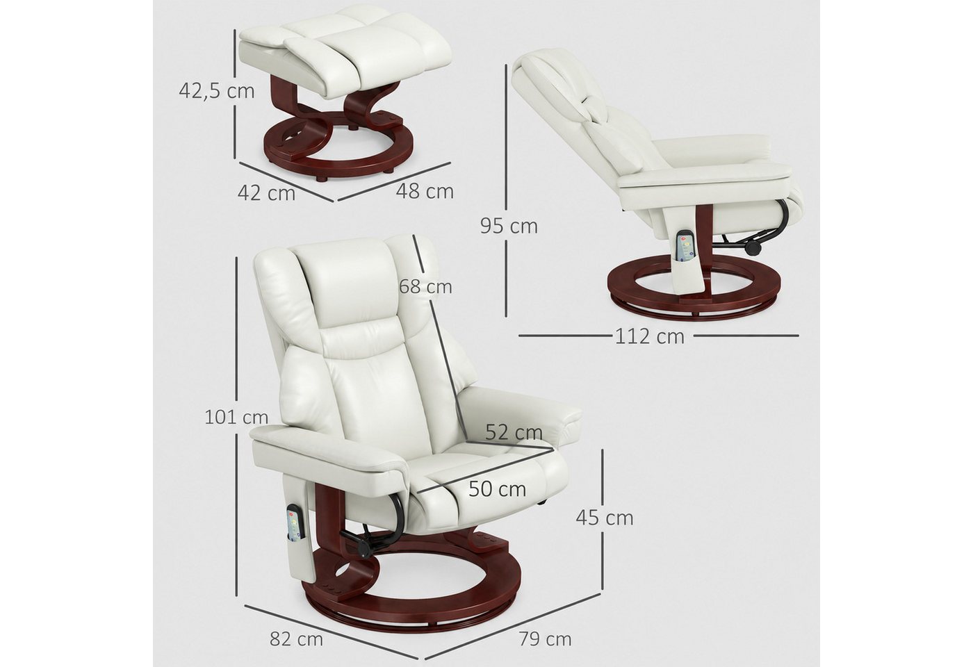 HOMCOM Massagesessel Fernsehsessel mit Hocker, 360°drehbarer, Massage, Kunstleder (Relaxsessel, 2-St., Fernsehsessel), mit Fernbedienung, Seitentasche, für Wohn – Bild 3 von 5
